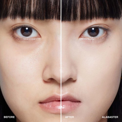 A side-by-side comparison of a woman’s face before and after skincare, showing clearer skin and more even tone after.