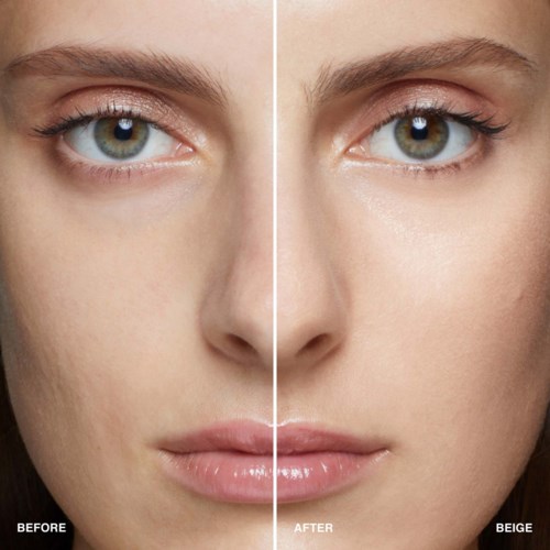 Side-by-side images show face before and after makeup, highlighting smoother skin and enhanced features.
