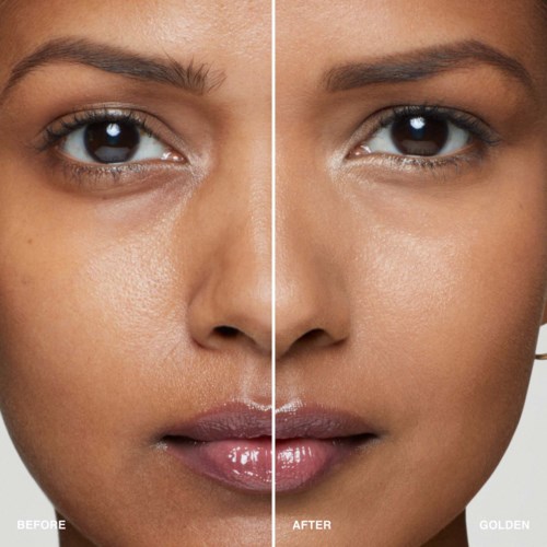 A side-by-side comparison shows a face before and after skincare, with smoother skin and brighter appearance after.
