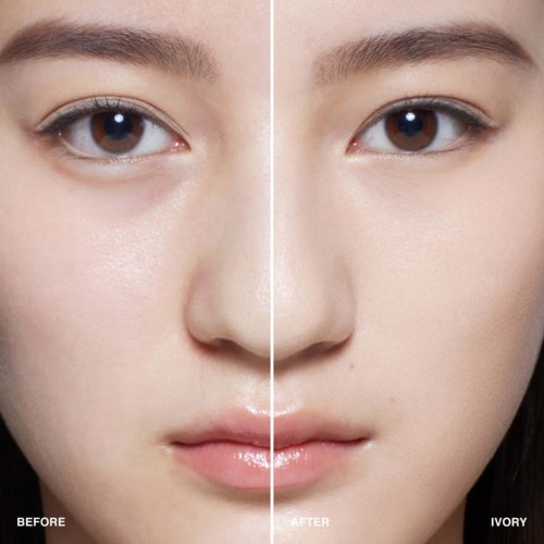 A face showing comparison of skin before and after makeup or skincare, with clear differences in skin smoothness and tone.