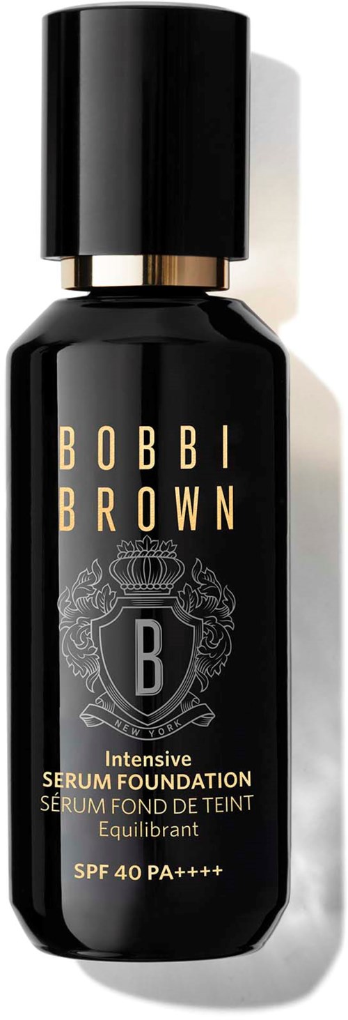 A black bottle with a gold and white label for Bobbi Brown serum foundation, with SPF 40 and PA++++.
