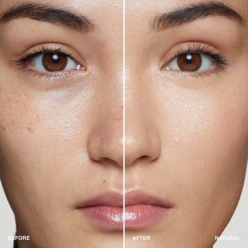 Side-by-side photos show changes in skin texture and tone after skincare or makeup. Left is before, right is after. Natural look.