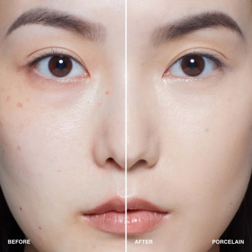 Side-by-side photo showing clear skin before and after using Porcelain skincare product.