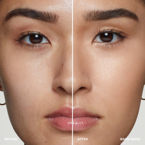 A close-up of a woman's face showing a before and after makeup transformation with natural skin tone and warm beige lips.