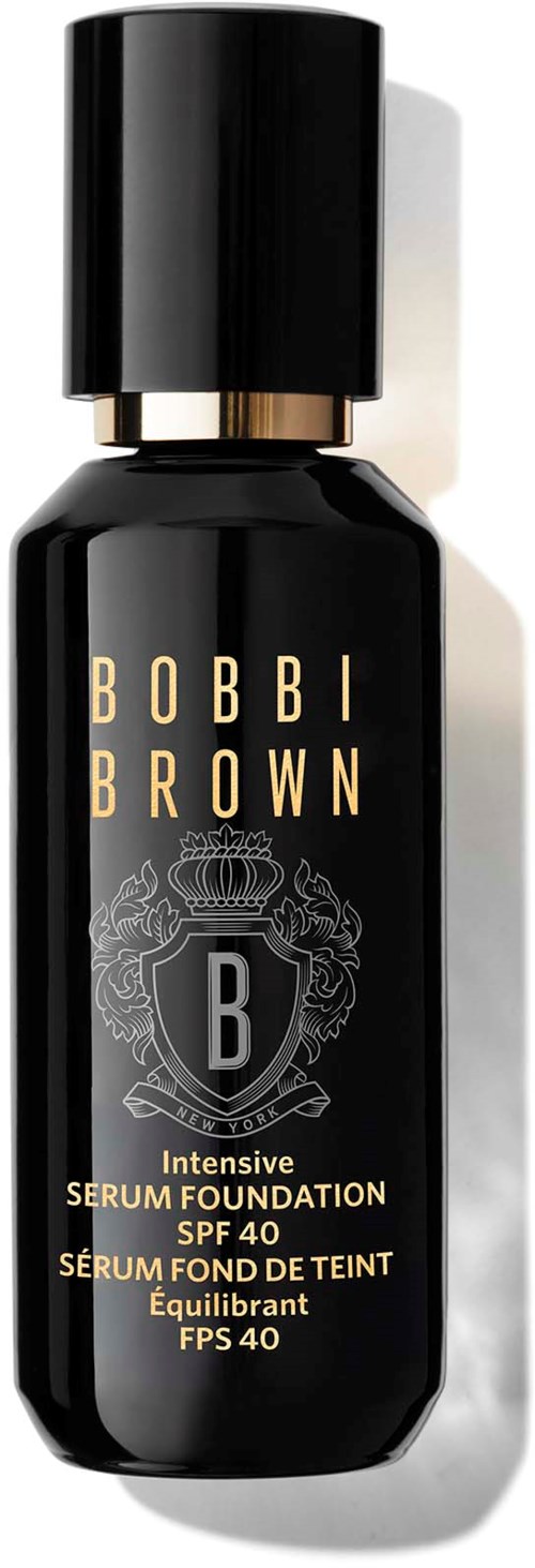 A black bottle of Bobbi Brown Intensive Serum Foundation with a gold and black label and a black cap.