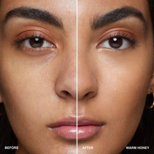 A side-by-side comparison shows skin before and after applying a product, with visible improvement and smoother appearance.