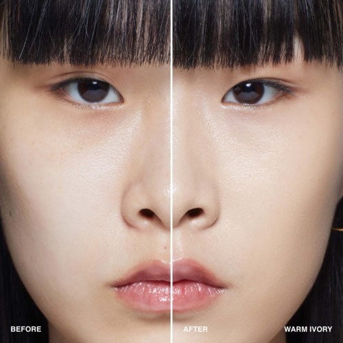 A face showing before and after skincare, highlighting smoother skin and lighter skin tone after using a product.