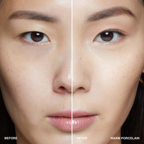 Side-by-side comparison of a face before and after skincare, showing clearer, brighter skin on the right.