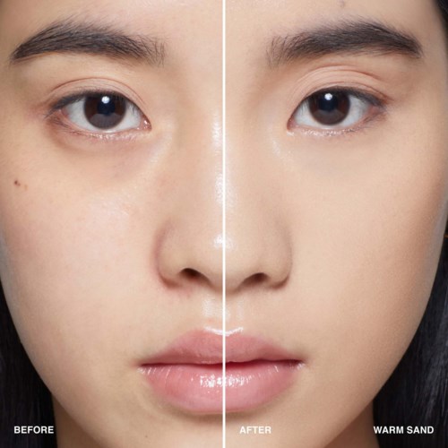 Side-by-side comparison shows facial skin before and after skincare, with clearer skin and improved tone in the after picture.