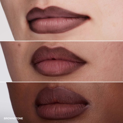 Three sets of lips with different lipstick shades and textures on different skin tones.