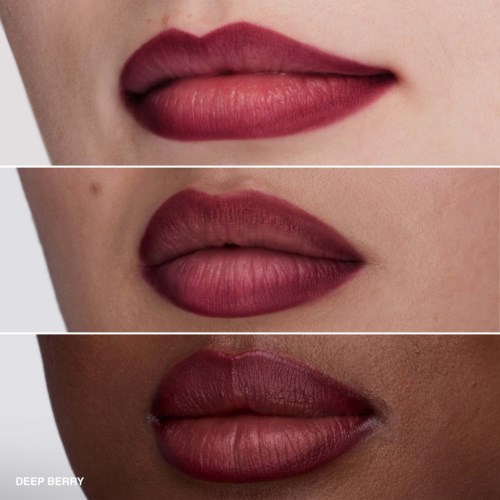 Three women show different shades of lipstick on their lips, close-up photos focused on the mouth area.