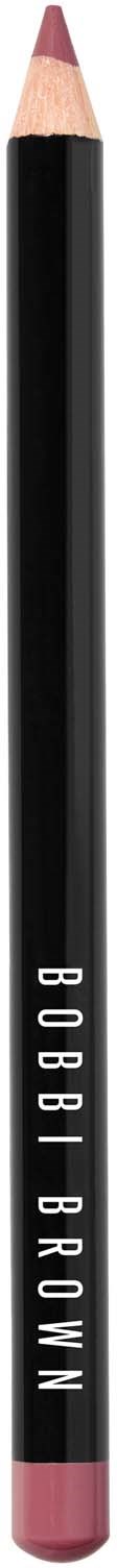 A black lip liner pencil with pinkish tip and bottom, held vertically with the brand name Bobbi Brown written.