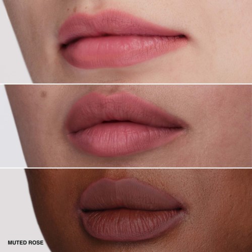 Three lips in different skin tones show variations in lipstick colors and textures.