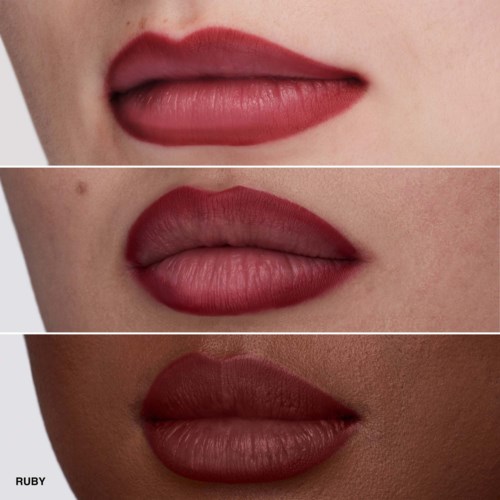 Three photos of lips with different shades of lipstick. The lips are in close-up, showing various skin tones.