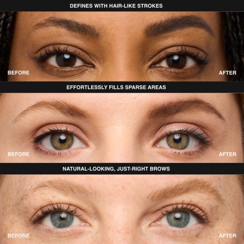 Three sets of before and after photos showing eyebrow improvements: defined with strokes, filled, natural-looking.