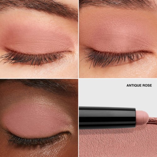 Four images show different eye makeup looks and a pink lipstick swatch. All with closed eyes and natural styles.