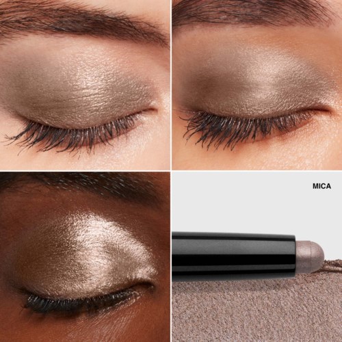 Four eyes with different eye shadow colors and a metallic pencil. Highlighting makeup styles and tools.