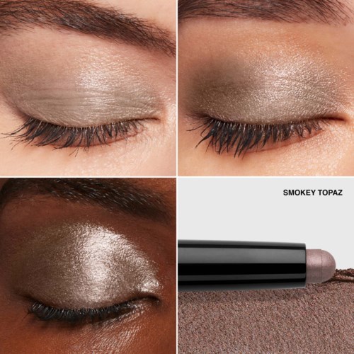 Two eyes with shimmery eyeshadow, one with lighter and the other with darker shade. Bottom shows a close-up of a makeup stick.