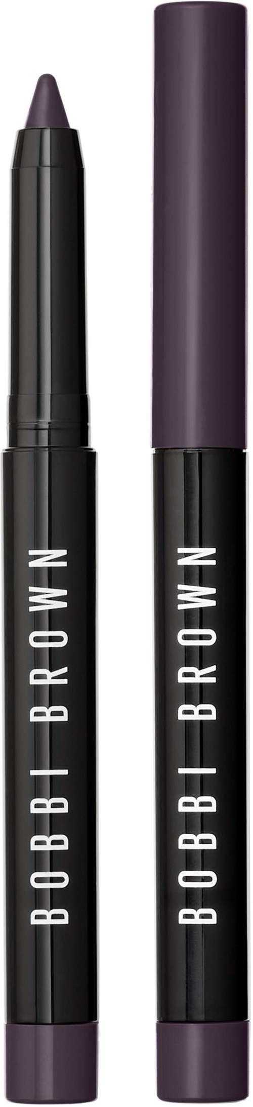 Kaksi mustaa ja lilaa kulmakynää, joissa suojukset, merkitty nimellä 'BOBBI BROWN'.