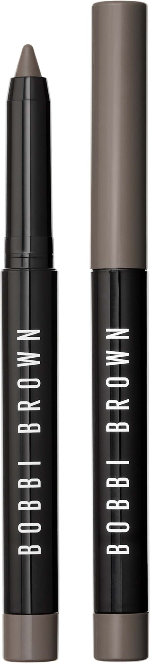 Kaksi BOBBI BROWN-meikkikynää, toinen ruskealla kärjen ja toinen harmaalla hupulla.