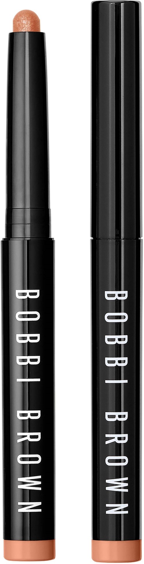 Kredka do makijażu w beżowym kolorze, oznaczona 'BOBBI BROWN', pokazuje produkt bez i z nakrętką.