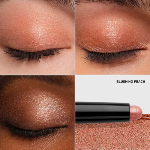 Four eyes with eyes closed, showing shimmery peach eye makeup and a peach-colored highlighter stick.