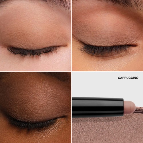 Four close-up eyelid photos showing different skin tones and makeup styles. Includes a lip gloss tube labeled 'CAPPUCCINO'.