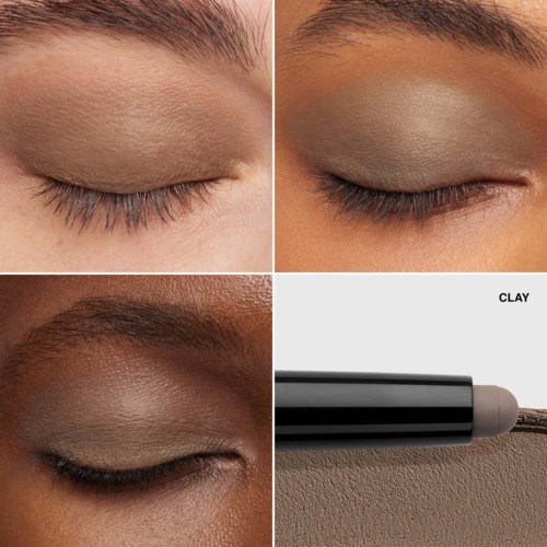 Four close-up views of eyes, showing different skin tones and eyeshadow, with a clay makeup product in the fourth box.