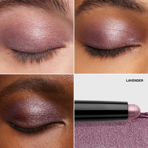 Four eyes with purple and pink shimmery eyeshadow, and a lavender-colored eyeliner pencil.
