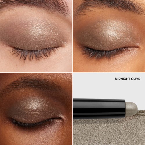 Three different eye makeup looks with shimmery eyeshadows and a silver eyeshadow pencil.