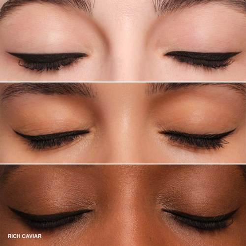 Trzy zbliżenia pokazują różne style makijażu oczu na różnych odcieniach skóry. Wszystkie mają zamknięte oczy, makijaż obejmuje eyeliner i cienie do powiek.