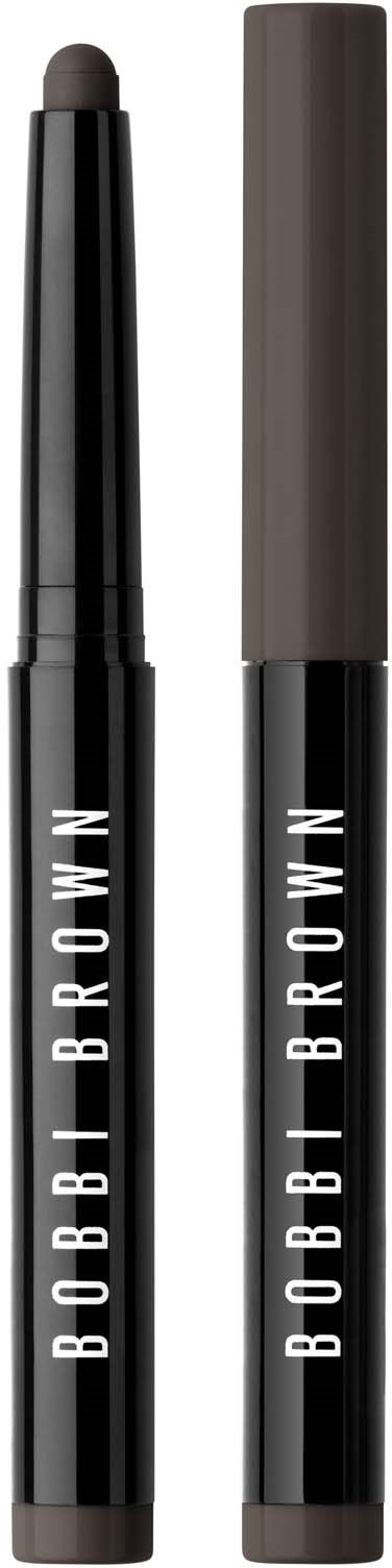 Two black makeup pencils with gray caps and white text, one with a sharpened tip, stand against a black background.