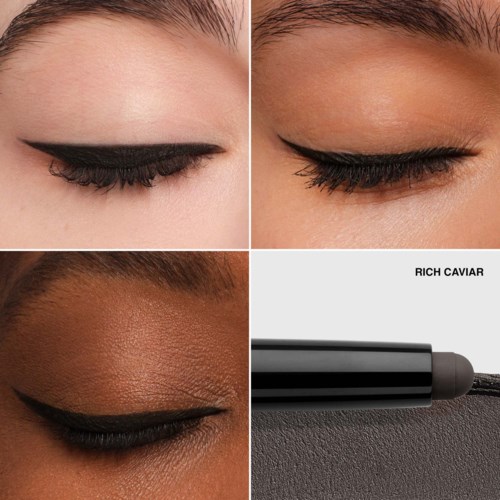 Three close-up images of eyes with different makeup styles and a black eyeliner pen labeled 'Rich Caviar.'