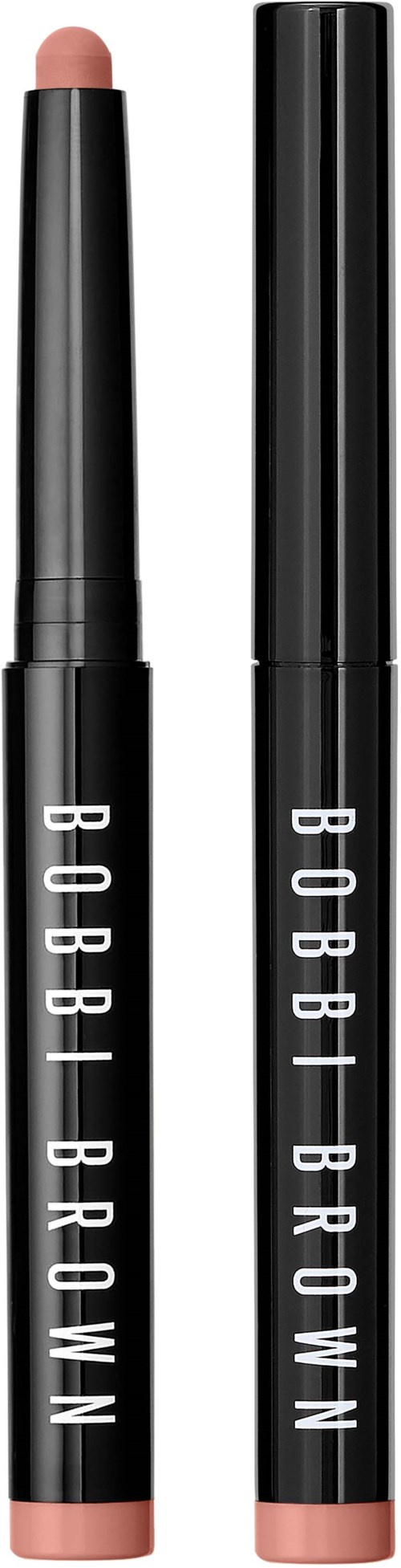 Podwójny sznurek do ust i rozświetlacz BOBBI BROWN z jednym nude końcem i czarnym wieczkiem.