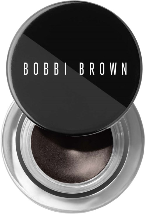 Bobbi Brown svart øyenbrynsgel i en sølvbeholder med svart lokk som viser merkenavnet.