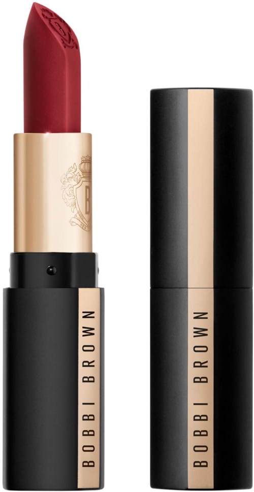 Roter Lippenstift in schwarzer und goldener Hülse mit Bobbi Brown aufgedruckt.