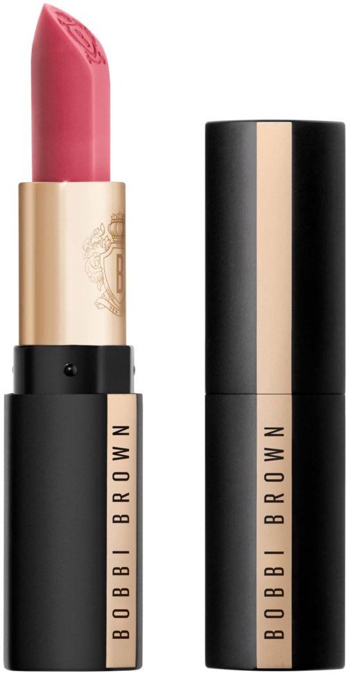 Lippenstift in schwarz-goldenem Behälter, sichtbar pinke Farbe oben.