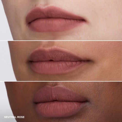Drie close-up beelden van lippen met verschillende huidtinten en lipkleuren, gemarkeerd 'Neutral Rose'.
