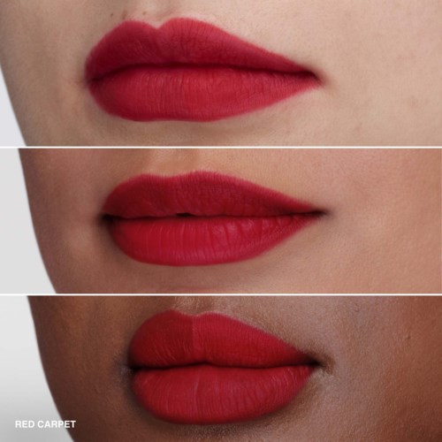 Drei verschiedene Lippen mit rotem Lippenstift, aus unterschiedlichen Winkeln und Hauttönen.