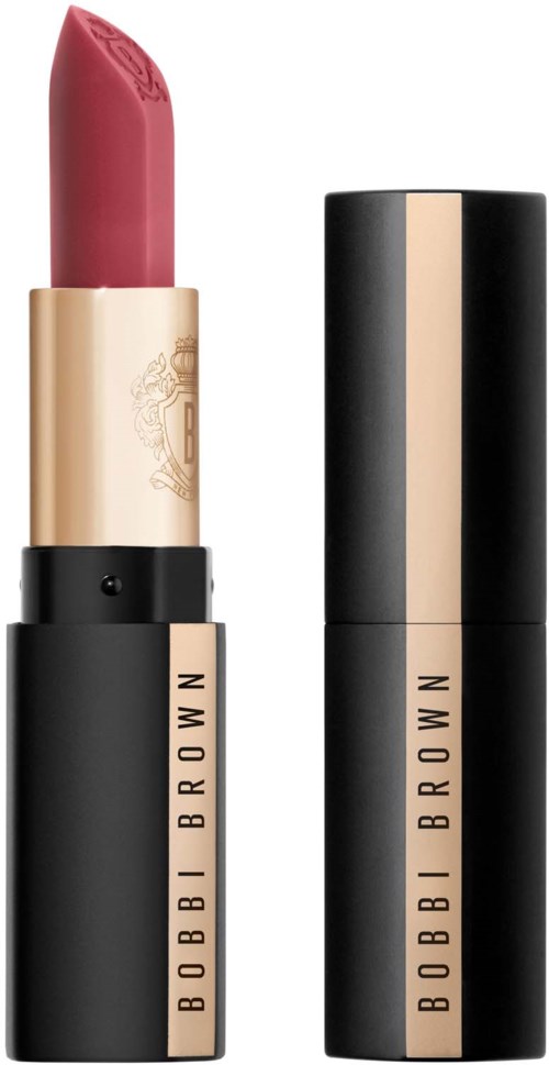 Ein rosa Lippenstift in einem beige-schwarzen Röhrchen mit passendem schwarzen Deckel.