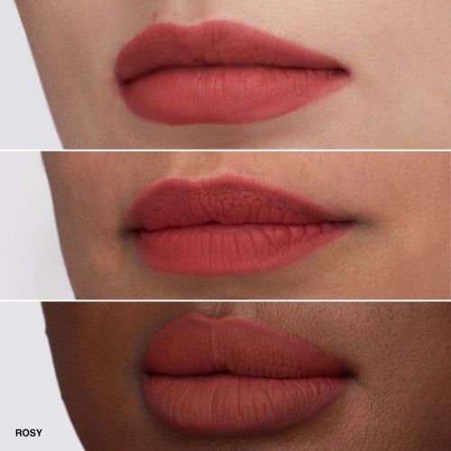 Drei Lippen mit unterschiedlichen Lippenstiftfarben, von hell bis dunkel, in vertikaler Anordnung.