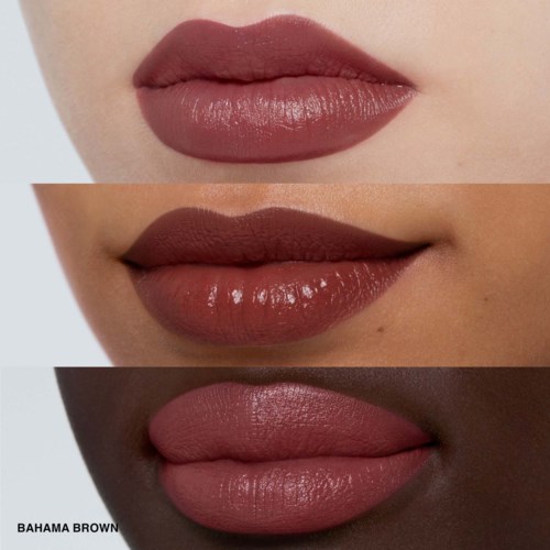 Three photos showing different shades of brown lipstick on lips of diverse skin tones.