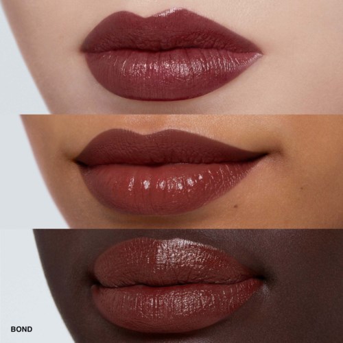 Three images show different shades of lipstick on lips, from light to dark, with varying skin tones.