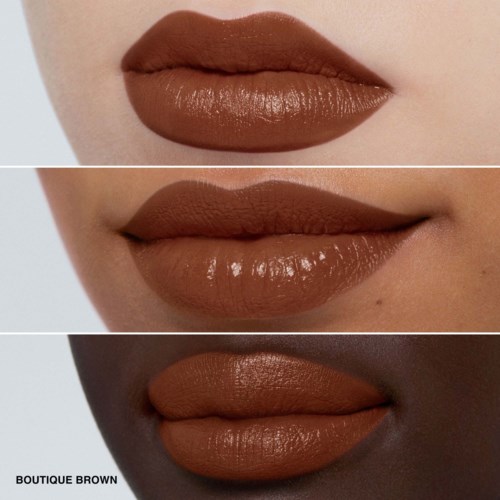Three close-up images of lips showing different shades and finishes of brown lipstick.