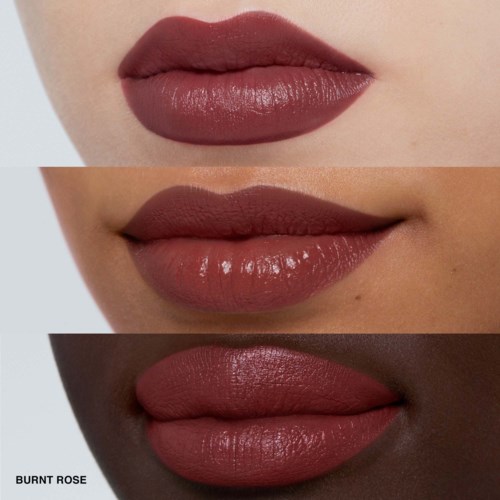 Three close-up shots of lips with different shades of brown lipstick, labeled 'Burnt Rose'.