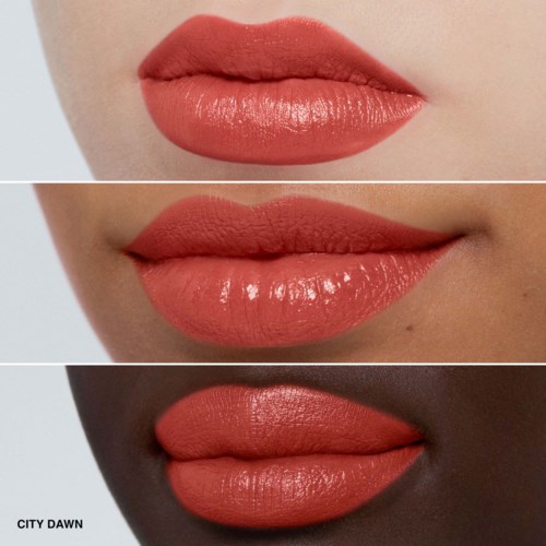Three lips with different shades of lipstick, light to dark, with close-up detail.