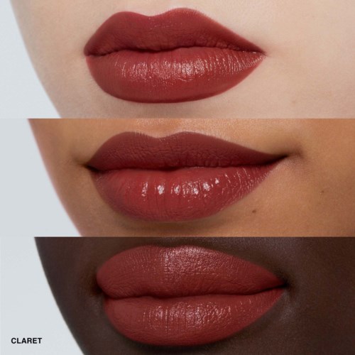 Three close-up shots of lips with different shades of lipstick, showing various skin tones and lip textures.