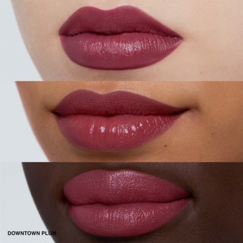 Three different lipstick shades are shown on lips, from matte to glossy, in light, medium, and dark skin tones.