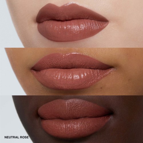 Three different skin tones showcase neutral rose lipstick in close-up. Varies in light, shade, and texture. Elegant and natural look.