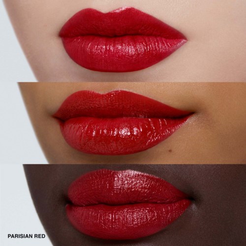 Three lips with different skin tones and bright red lipstick, labeled 'Parisian Red'.